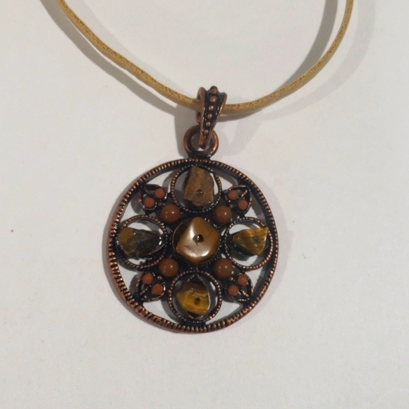 Tan color Cord Filigree Brown Circle Design Pendant Necklace, Women's Jewelry #2 - Picture 3 of 8